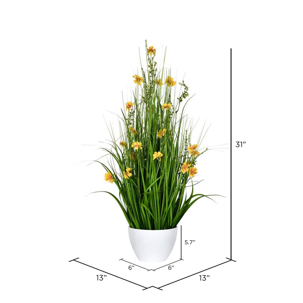 31" Elegant Outdoor Faux Yellow Cosmos & Green Grass Arrangement