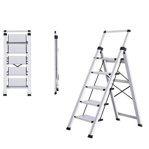 50 in. H 5 Step Aluminum Folding Ladder w/ Retractable Handgrip Anti-Slip Pedals 330 lbs. Load Capacity Safety Household