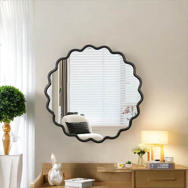 36 in. W x 36 in. H Round Framed Floating Wall Bathroom Vanity Mirror in Black Finshed Solid Wood