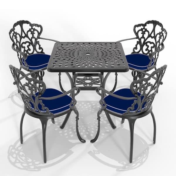 Runesay 5-Piece Set Of Cast Aluminum Patio Outdoor Dining Set with Random Colors Cushions and Black Frame