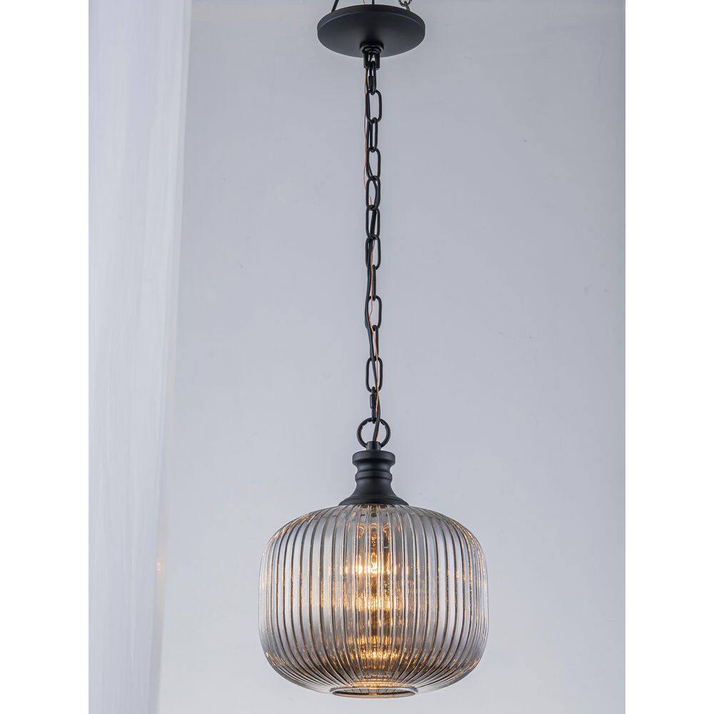 9.84 in. 1-Light Modern Luxury Black Drum Pendant Light Fixture with Ribbed Glass Shade for Kitchen and Bedroom price history on PriceWatchPro