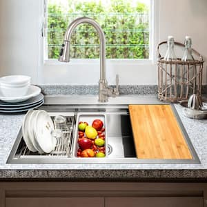 Handmade All-in-One Drop-in Stainless Steel 33 in. x 22 in. Single Bowl Workstation Kitchen Sink with Pull-down Faucet