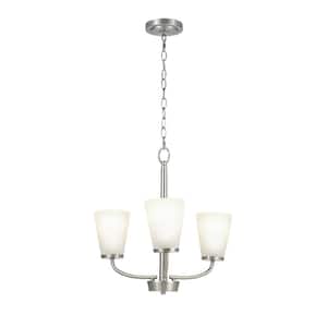 Helena 19 in 3-Light Brushed Nickel Hanging Chandelier with Frosted Glass Shades for Dining Room
