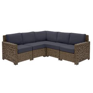 Laguna Point 5-Piece Brown Wicker Outdoor Patio Sectional Sofa Set with CushionGuard Midnight Navy Blue Cushions
