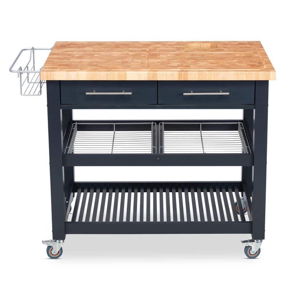 Midnight Navy Rubberwood Kitchen Cart with Butcher Block Top
