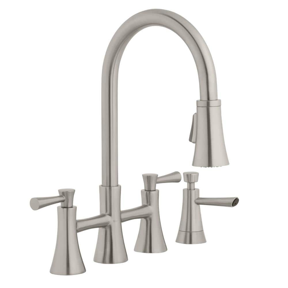 Glacier Bay Selma Double Handle Pull-Down Sprayer Bridge Kitchen Faucet with Soap Dispenser in Stainless Steel