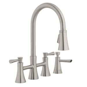 Selma Double Handle Pull-Down Sprayer Bridge Kitchen Faucet with Soap Dispenser in Stainless Steel