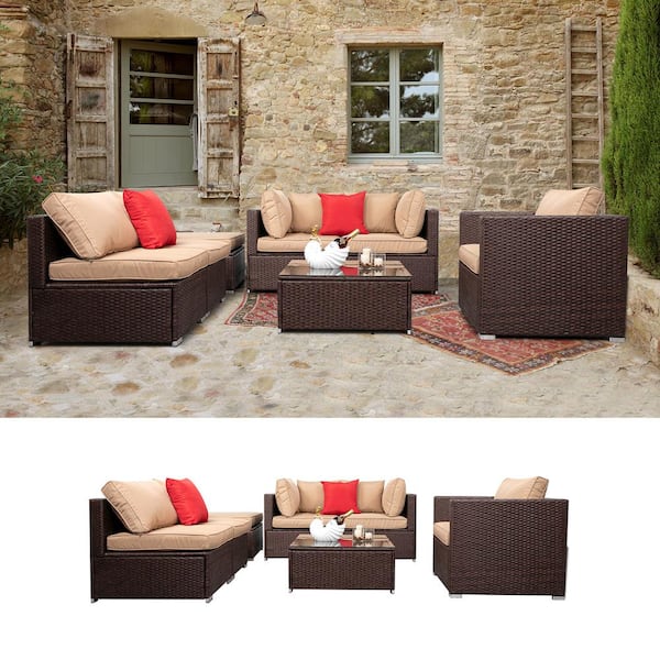 Winado Brown 7-Piece Wicker Outdoor Sectional Set with Beige Cushions  835121212571 - The Home Depot