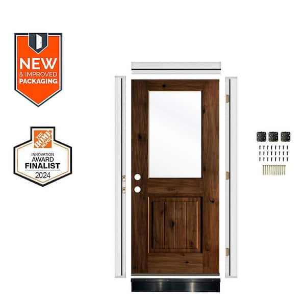 Krosswood Doors DIY 32in.x80in. Right-Handed Half Clear Glass Provincial Stain Knotty Alder Wood Front Door Kit w/ Quick Assemble Jamb