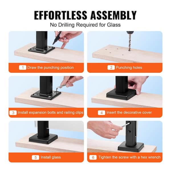 VEVOR Glass Clamp 10 pcs 6.3 in. H x 3.94 in. W Black Stainless Steel Stair Railing Kit Railing Bracket for 0.31 to 0.47 in.