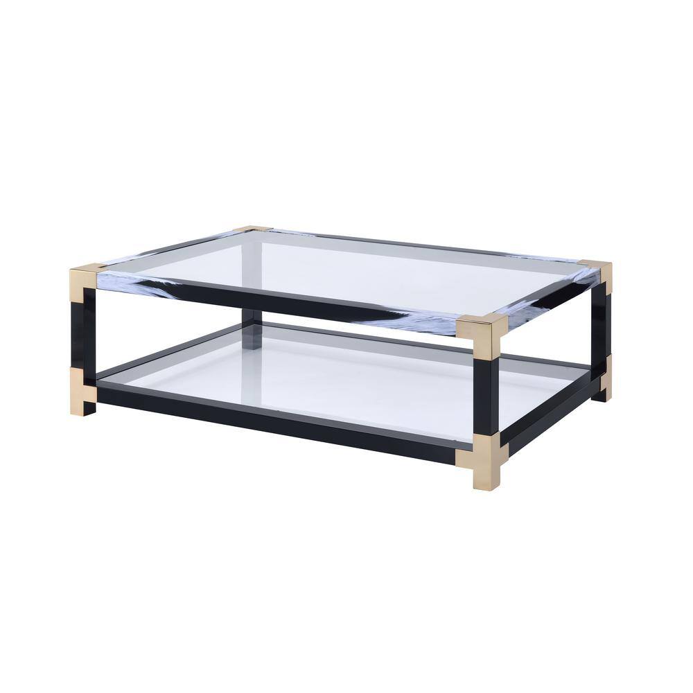 Black and Gold Rectangular Glass Coffee Table with Storage Shelf