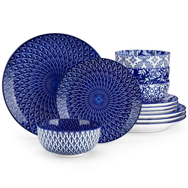 12-Piece Blue Porcelain Dinnerware Set Service for 4-Bowls and Plates Set with Dinner Plates Dessert Plates Cereal Bowls