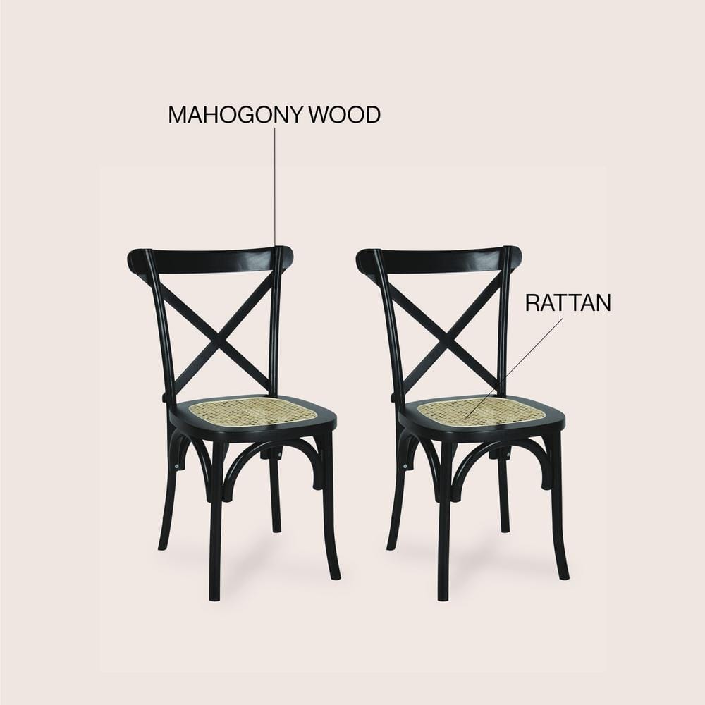 Black High Cross Back Rattan Cane Side Chair Set