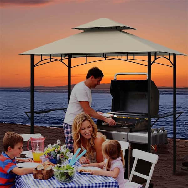 8 ft. x 5 ft. Beige Grill Gazebo with 2 Shelves 7 Hooks Metal Frame Soft Top