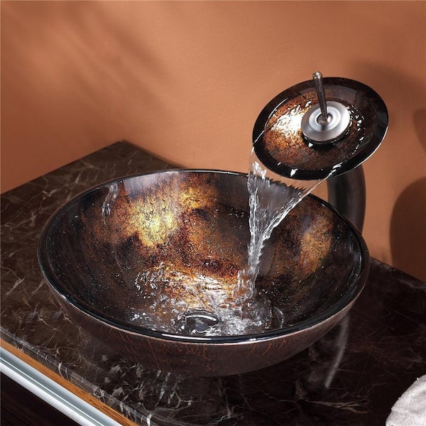 KRAUS Multi-Color 16.5 in. Round Vessel Bathroom Sink in Brown Glass with Waterfall Faucet in Oil Rubbed Bronze