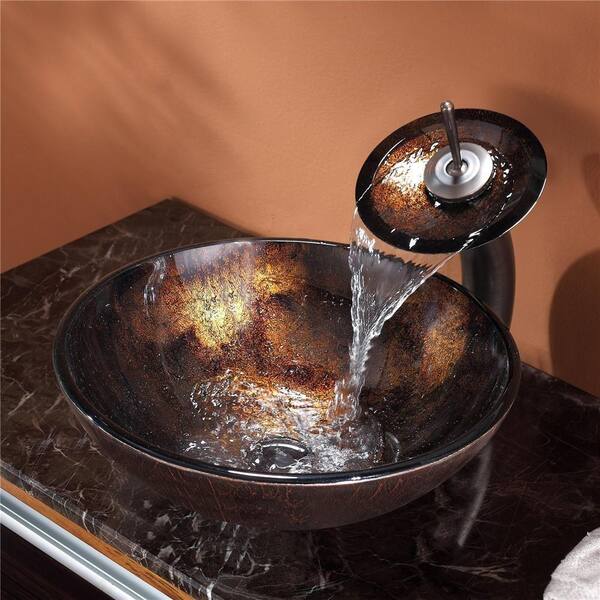 Kraus C-GV-684-12mm-10ORB Pluto Glass Vessel Sink and Waterfall Faucet Oil Rubbed Bronze