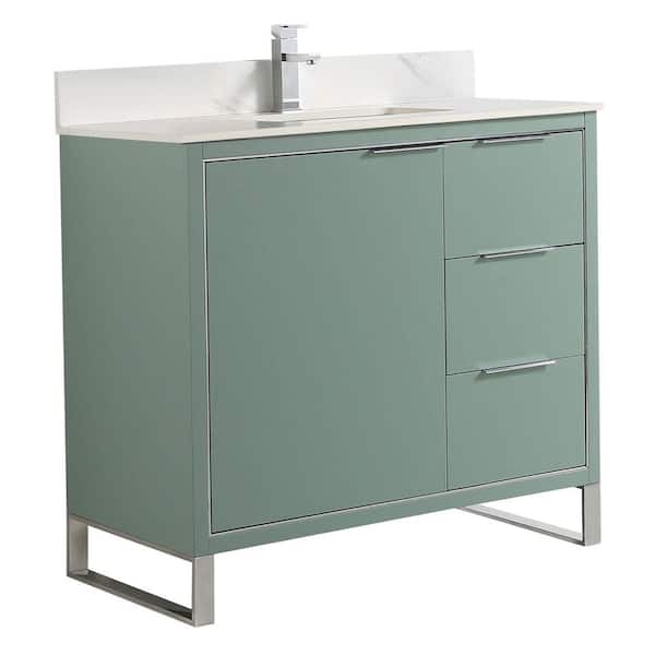 FINE FIXTURES Opulence 36 in. W x 18 in. D x 33.5 in. H Bath Vanity in Mint Green with White Carrara Single sink Top