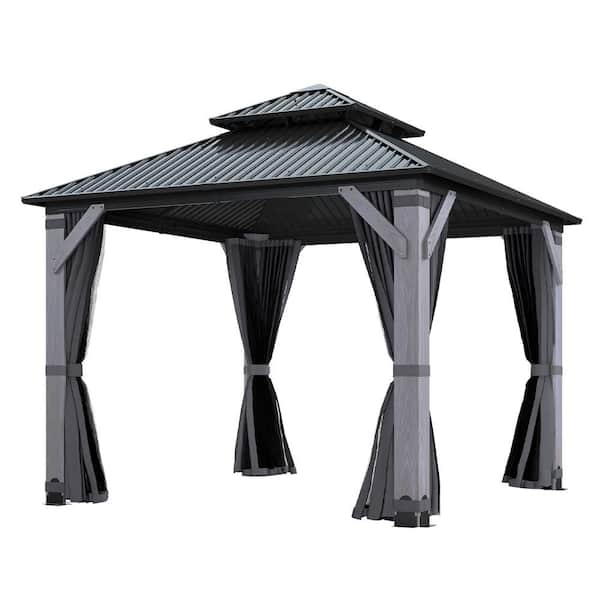 COVERONICS 10 ft. x 10 ft. Outdoor Patio Cedar Wood Frame Double Galvanized Steel Roof Hardtop Gazebo with Curtains, Ceiling Hook