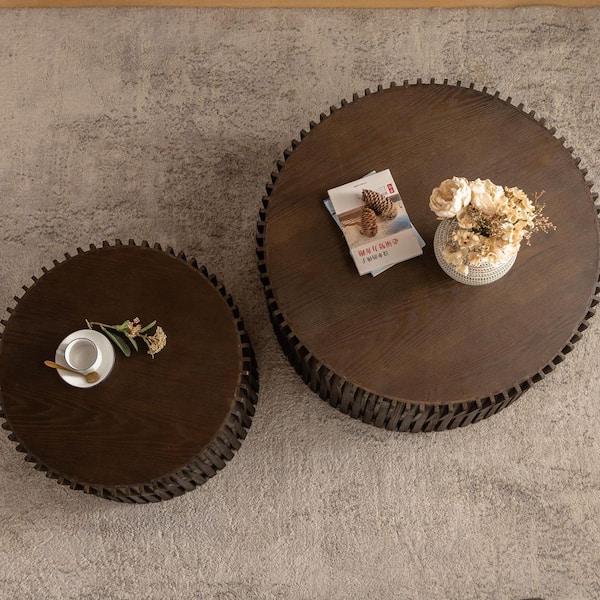 Sudzendf 31.5 in. Dark Brown Cylindrical Nesting Coffee Table Set with Vertical Textured Embossed Design (Set of 2)