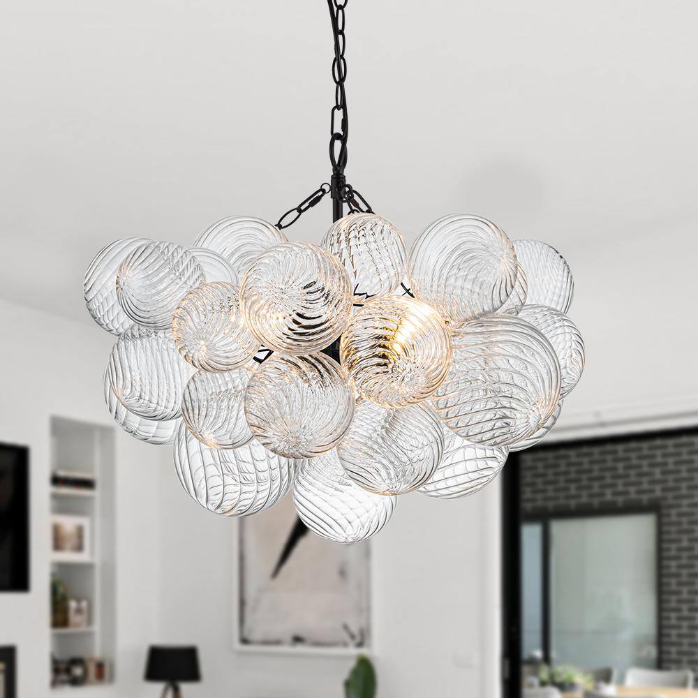 HUOKU Neuvy 3-Light 23.6 in. W Black Chandelier with Swirled-Glass