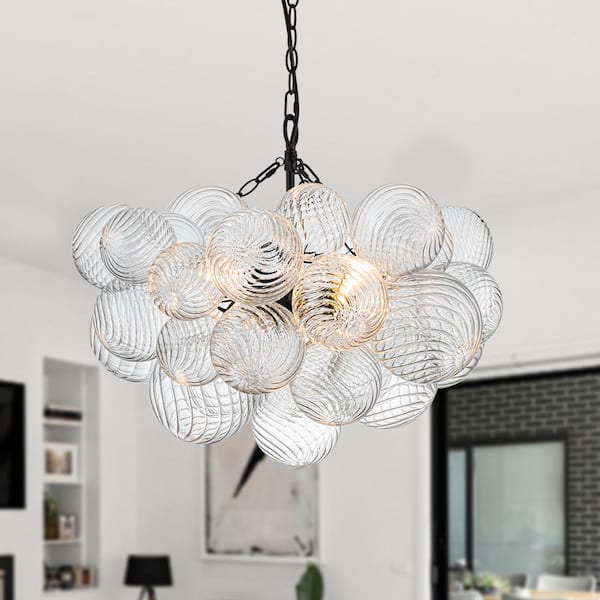 Neuvy 3-Light 23.6 in. W Black Chandelier with Swirled-Glass Orb Cluster Bubble Ribbed Glass Chandelier for Living Room