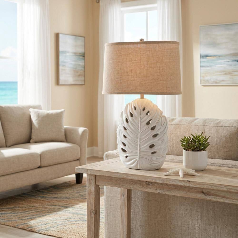 29 in. White Ceramic Pierced Leaf Table Lamp with Beige Linen Shade price history on PriceWatchPro