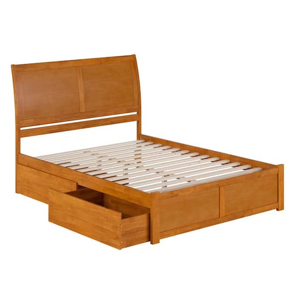 Portland Light Toffee Natural Bronze Solid Wood Frame Queen Platform Bed with Footboard and Storage Drawers