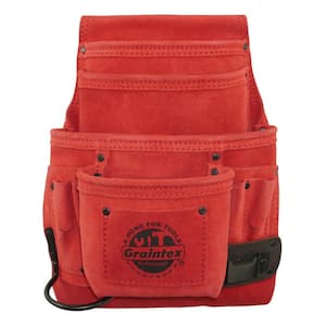 10-Pocket Red Suede Leather Nail and Tool Pouch w/Hammer Holder and Measuring Tape Clip