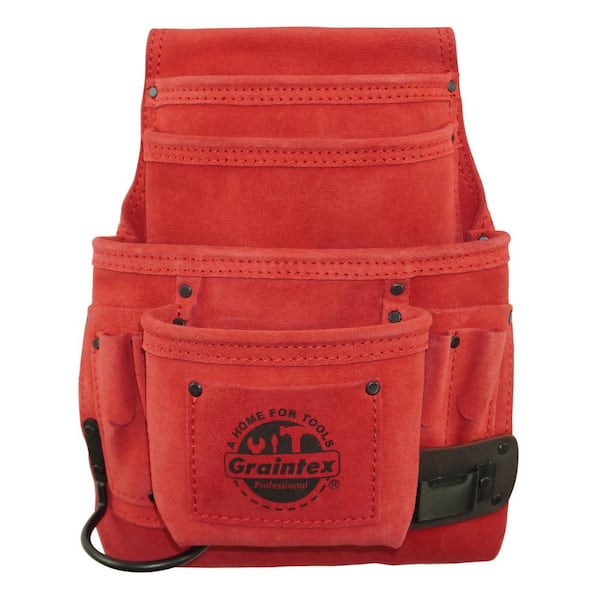 Graintex 10-Pocket Red Suede Leather Nail and Tool Pouch w/Hammer Holder and Measuring Tape Clip