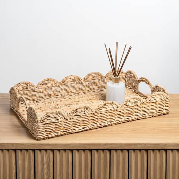 Scalloped 21.5 in. Southwestern Cottage Hand-Woven Rattan Tray with Handles, Light Brown