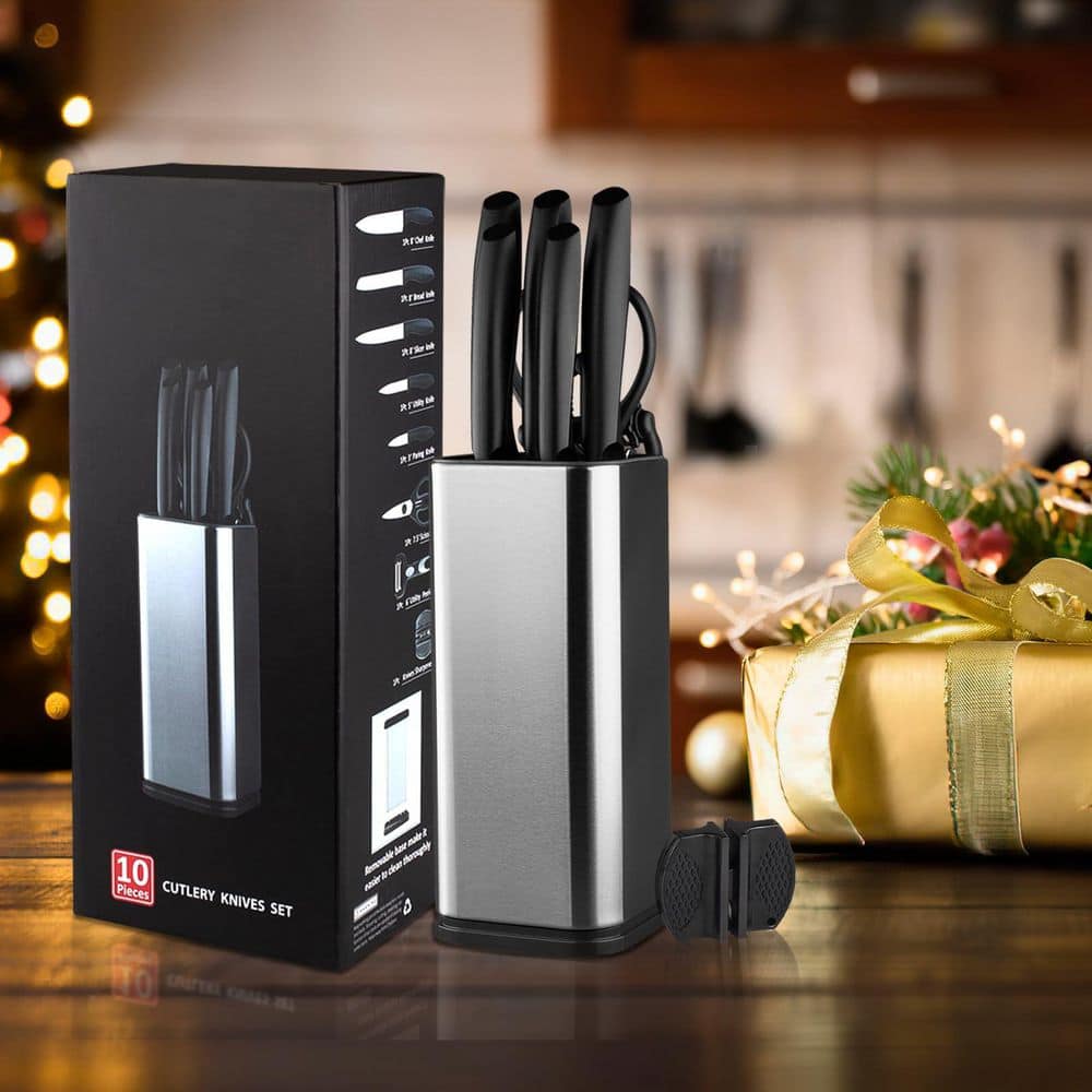 10-Piece Black Stainless Steel Kitchen Knife Set with Block for Cooking, Slicing, Mincing and Dicing - Thumbnail 4