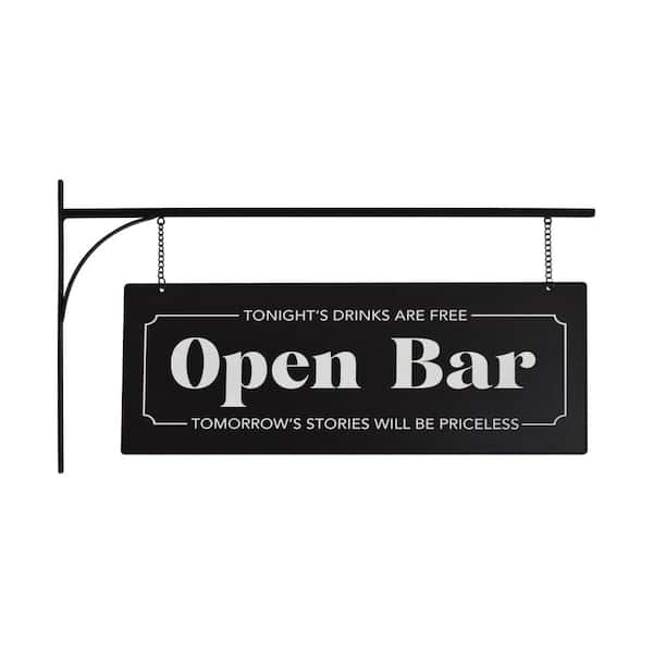 Double-Sided Metal Open Bar Sign Hanging Bracket Black/White Flat Vintage Outdoor Home Bar Decor 12.75 in. H x 23 in. L