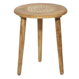 17 in. Brown Handmade Intricately Carved Floral Large Round Wood End Table with 3 Slender Legs