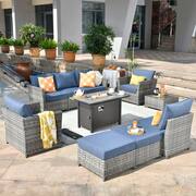 Rosemonde Gray 10-Piece Wicker Outerdoor Patio Rectangular Fire Pit Set with Denim Blue Cushions