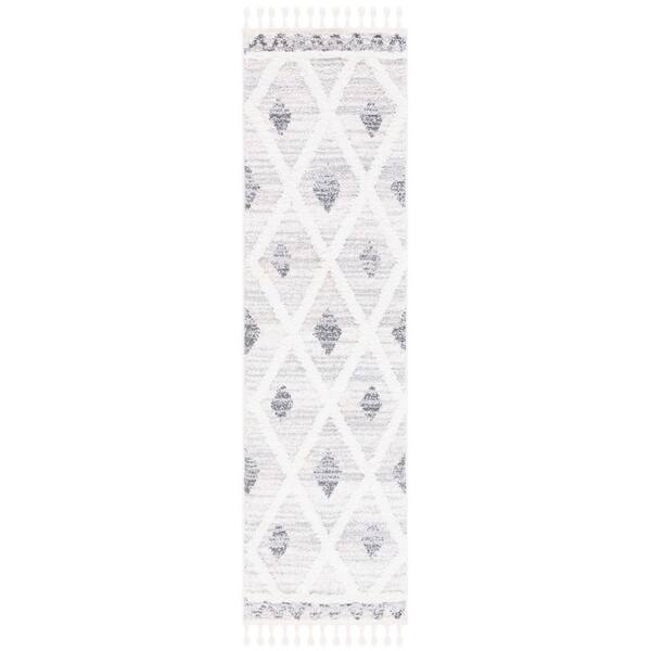 Moroccan Tassel Shag 2 ft. x 8 ft. Beige/Gray Zig-Zag Border Diamond Runner Rug