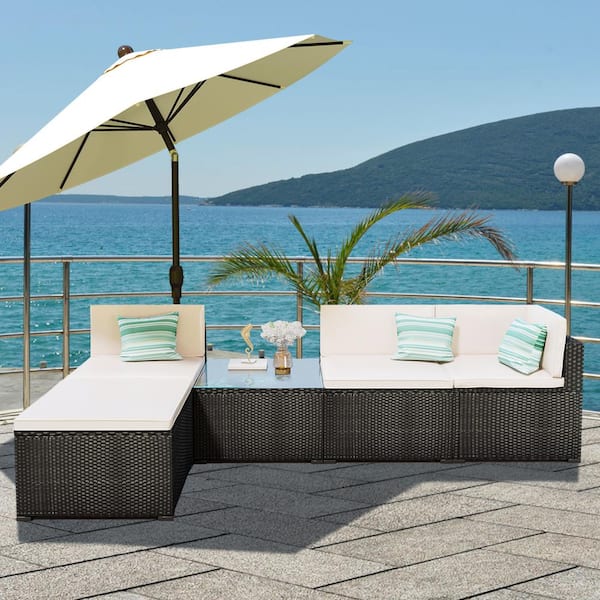 SunFurnn PE Wicker Manual Weaving Rattan Patio Conversation Sofa Set with Beige Cushions