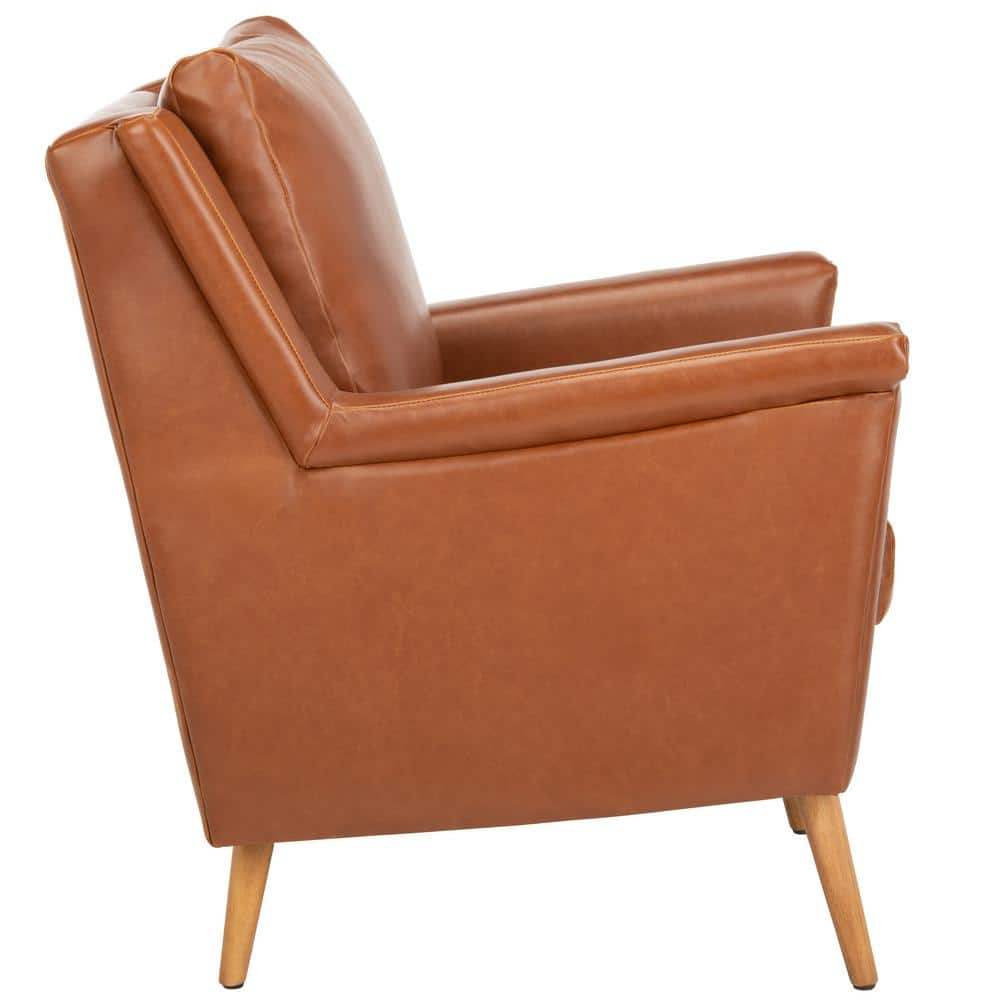 Cognac Faux Leather and Wood Mid-Century Accent Chair