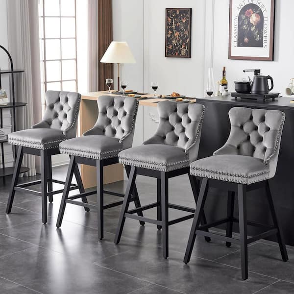29 in. Gray Velvet Upholstered Solid Wood Frame Bar Height Swivel Bar Stool (Set of 4)