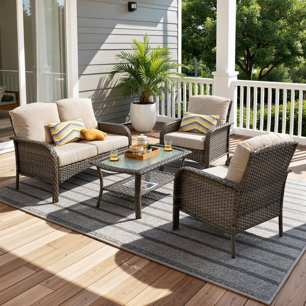 Missisi Gray 4-Piece Wicker Patio Conversation Seating Set with Beige Cushions and Coffee Table price history on PriceWatchPro