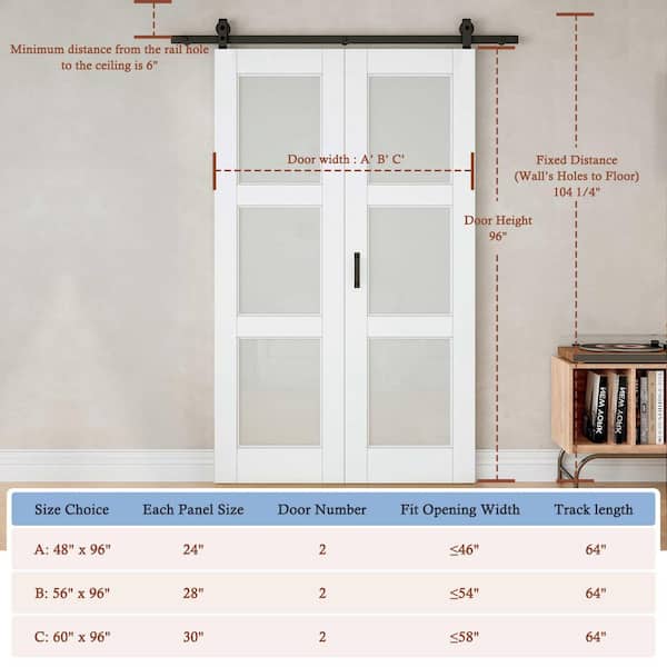 EH PUERTA 60 in. x96 in. 3-Lite Tempered Frosted Glass White