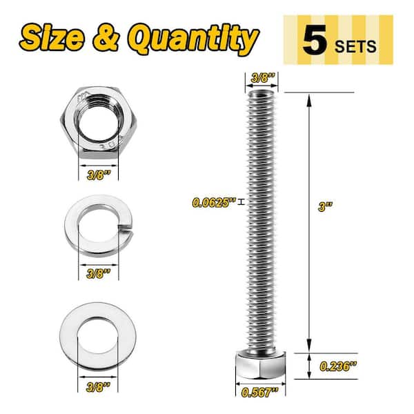 3/8 in. 16 x 3 in. Stainless Steel Uncoated Hex Bolt with Nut Washer and Lock Washer (5-Pack)