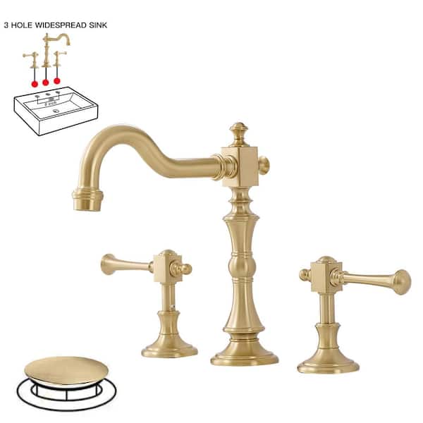8 in. Widespread Double Handle Low Arc Bathroom Faucet with Drain Kit, Easy to Install, Drip Free in Brushed Gold