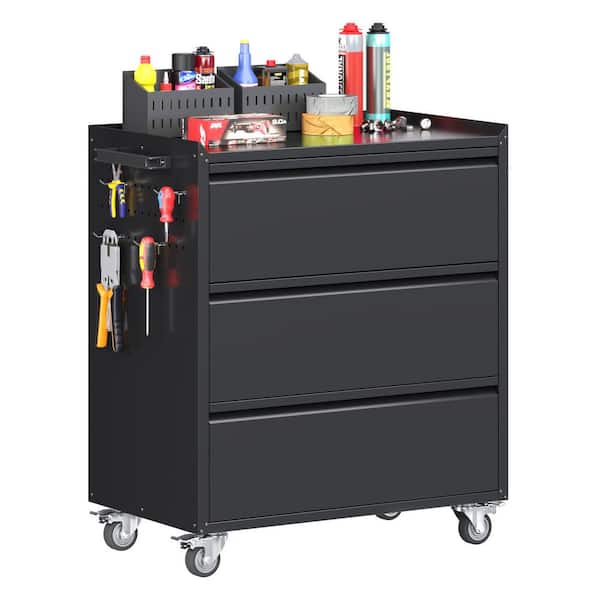 35.5 in. H x 30 in. W x 18 in. D Black Metal Storage Freestanding Cabinet with Drawers, Hooks,Mobile Tool Chests Cabinet