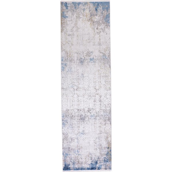 HomeRoots 3 X 10 Ivory, Gray, Blue Abstract Runner Rug