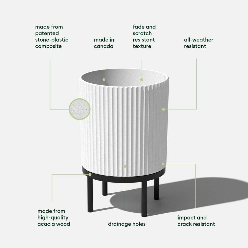 White and Black Concrete-Composite Planter with Acacia Stand, 16" - Set of 2