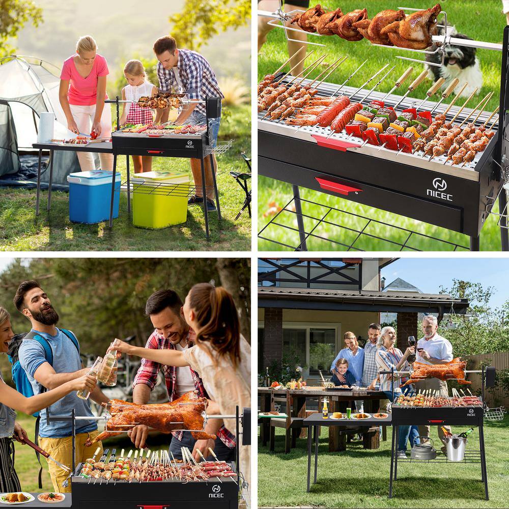 Portable Black Stainless Steel Rotisserie Charcoal Grill with Side Table