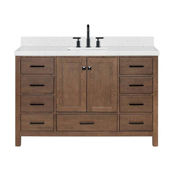 Cambridge 54 in. Single Sink Freestanding Bathroom Vanity in Brown Oak with Carrara White Quartz Top