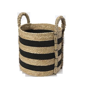 Black and Natural Seagrass Handwoven Basket with Braided Handles