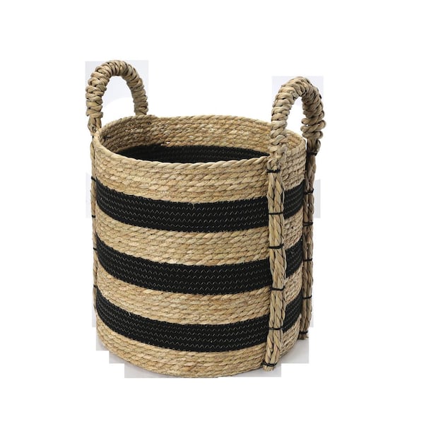 HOUSEHOLD ESSENTIALS Black and Natural Seagrass Handwoven Basket with Braided Handles