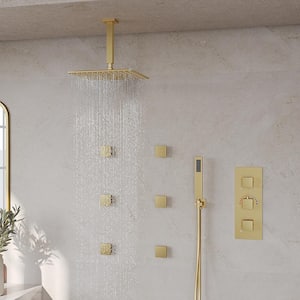 Anti Scald Shower Trims and Valve 5-Spray Ceiling Mount 12 in. Fixed and Handheld Shower Head 2.5 GPM in Brushed Gold